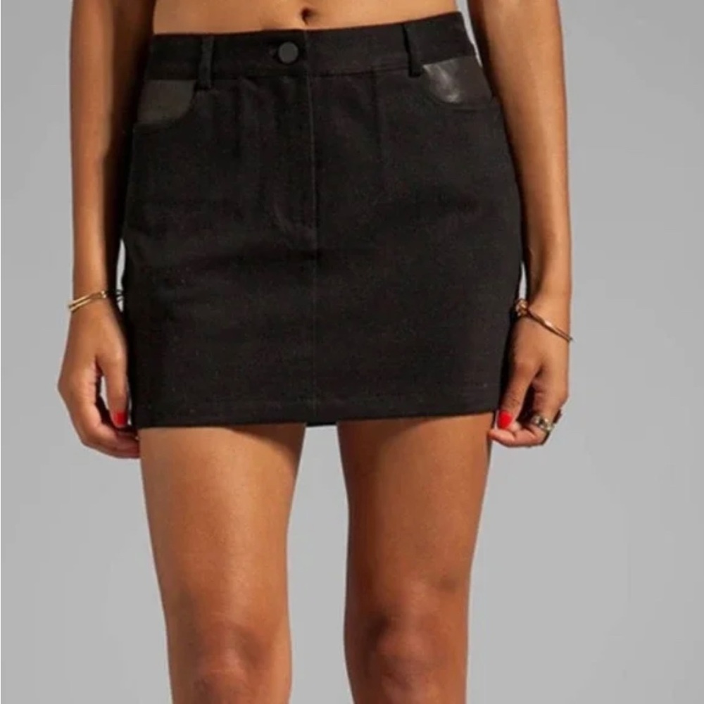 T by Alexander Wang black denim leather trim skirt